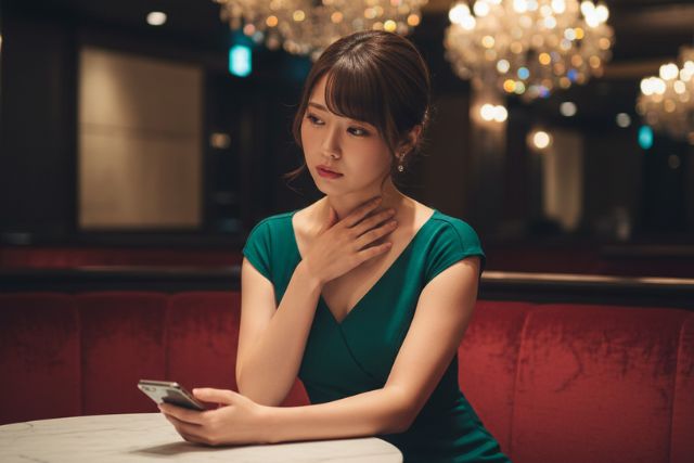 スマホを持って悩んだ表情のキャバ嬢