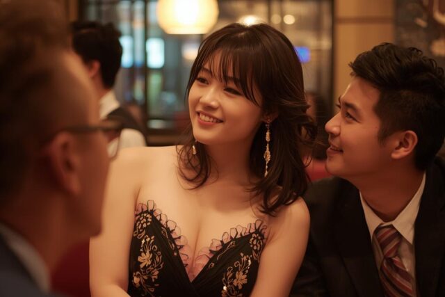 胸の開いたドレスを着た若い女性と見つめる男性