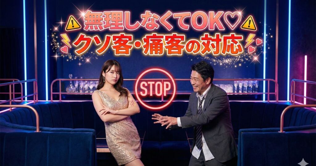 無理しなくてOKクソ客・痛客の対応という赤い文字とキャバ嬢に手を伸ばす男性