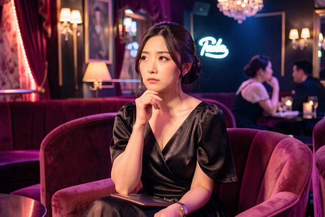 ワインレッドのソファに座り、黒いドレスを着た考える女性