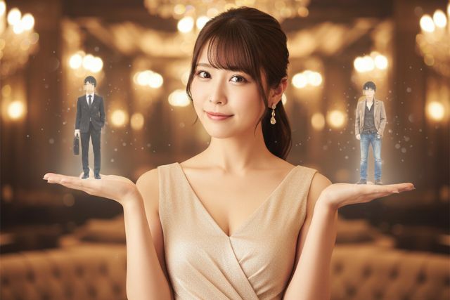 女性が両手を差し出して、それぞれの手にモザイクのかかった男性像を乗せて比べている