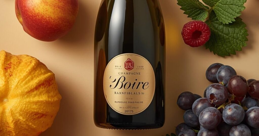 シャンパンと周りに置かれた多様なフルーツ