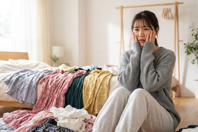 散らかった洋服の前で頬を抑える女性