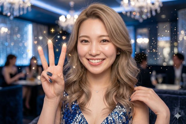 指で3をつくるドレスの女性