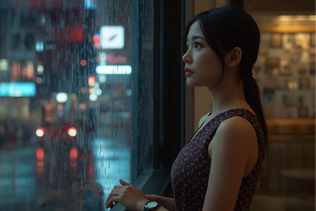 窓の外を見て悩んでいる女性