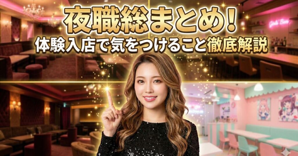 4つのお店の前で人差し指を上に向ける女性