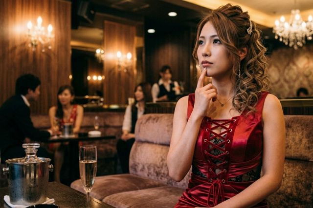 顎に指を当てて考え事している赤いドレスのキャバ嬢