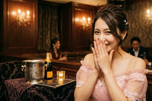 アップスタイルの紙で、ピンクのドレスを着た可愛い系の女の子。口元に両手を添えて「こっそり話している」風のキャバ嬢