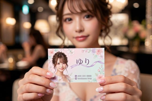 ゆりと書かれたピンクの名刺を持つ女性