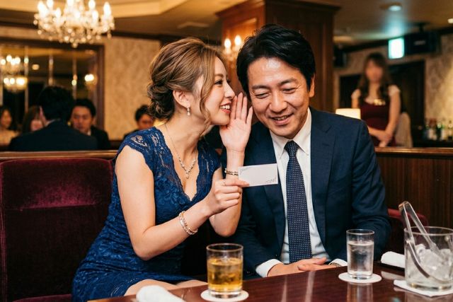 耳元でこっそり話をしながら名刺を渡すキャバ嬢と男性客
