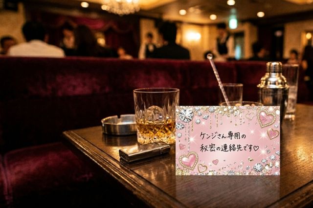 お酒と共にテーブルに置かれている「ケンジさん専用の秘密の連絡先です♡」と手書きで書かれているカード