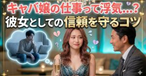 シャンパングラスを持って男性客を見つめる女性