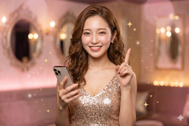 携帯を持って人差し指を立てる女性