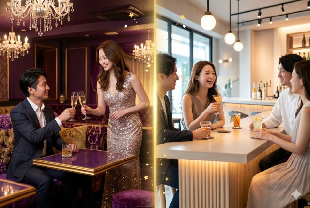男性にシャンパンを渡すドレスの女性とカフェでお茶する女性