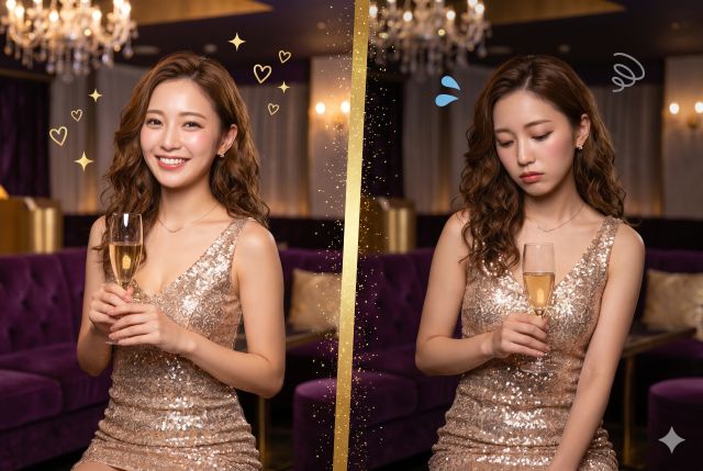 笑顔のドレスの女性と落ち込む女性