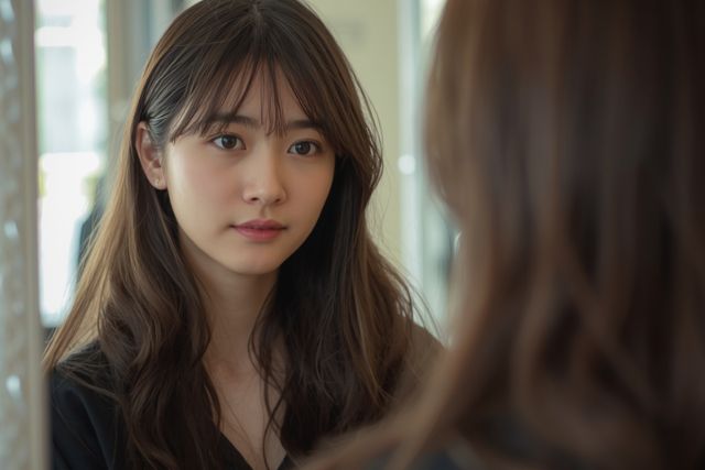 鏡を見つめるロングヘアの日本人女性