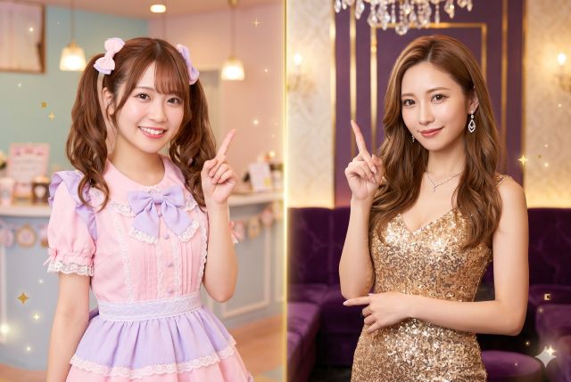 人差し指を立てるコンカフェ嬢とキャバ嬢
