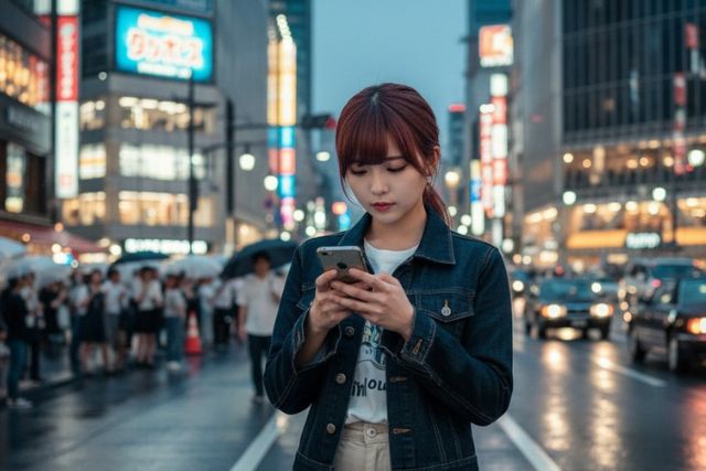 街中で携帯を見る女性