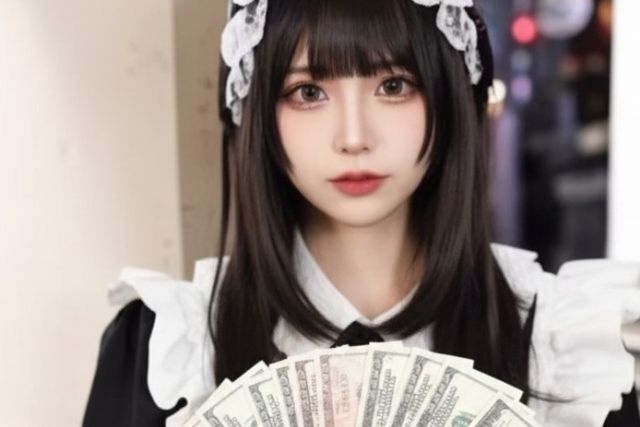 お札を持ったメイド女性