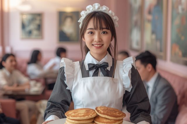 笑いながらパンケーキを運ぶメイド
