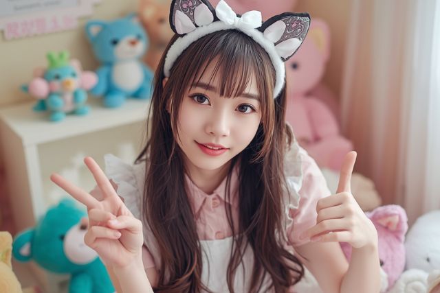 猫耳をつけてポーズを決める若い女性