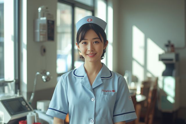 ナース服姿でほほ笑む女性
