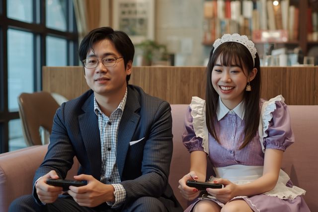 ゲームを楽しむメイドとビジネスパーソン
