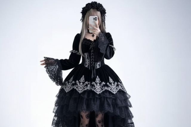 地撮りしているゴシック調のドレスを着用した女性