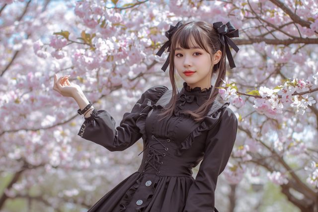 桜を背景にほほ笑むゴシック調のドレスを着た日本人女性