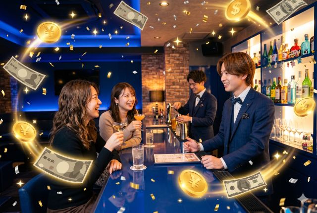 バーに行く女性とお金のマーク
