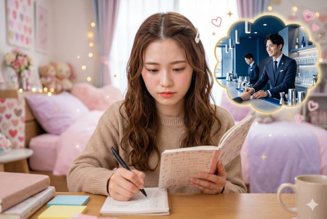 勉強しながらバーの風景を思い浮かべる女性