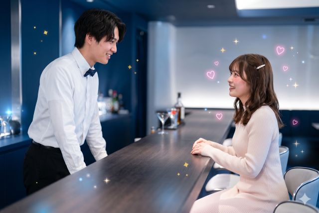 バーの店員と話す女性