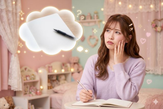 ノートを想像して悩む女性