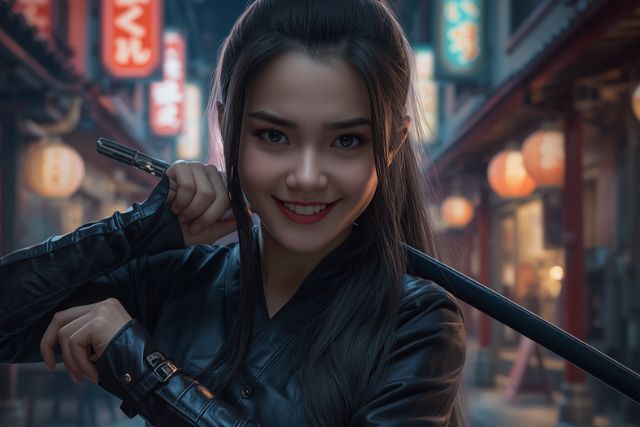 忍者の服装でほほ笑む日本人女性