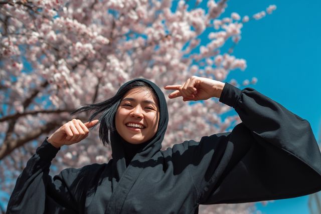 桜の木の下でほほ笑む忍者姿の女性