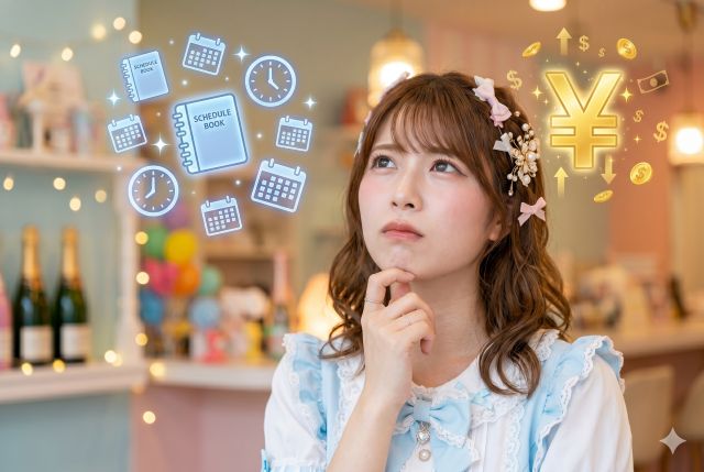 スケジュールとお金のマークを浮かべる女性