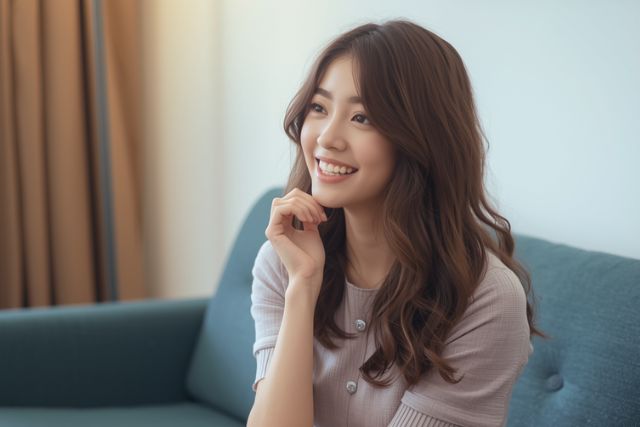 楽しそうに話すウェーブヘアの女性