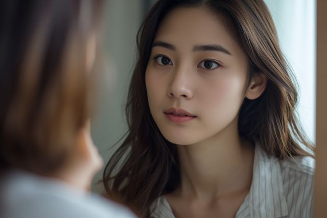鏡を見つめる女性