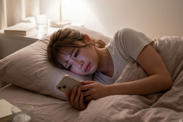 ベッドで寝ながらスマホを見る辛そうな表情の女性
