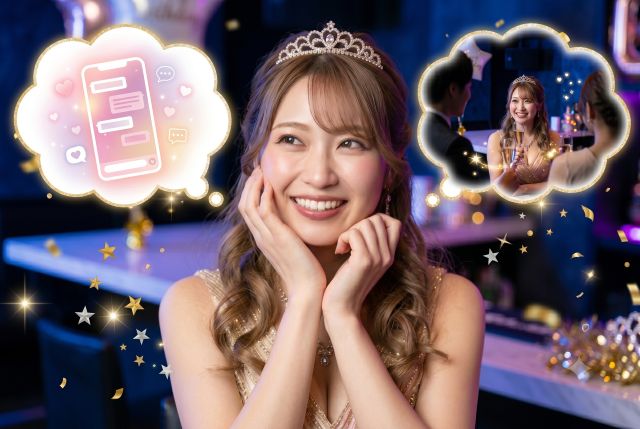 携帯と接客を想像する王冠をつけた女性
