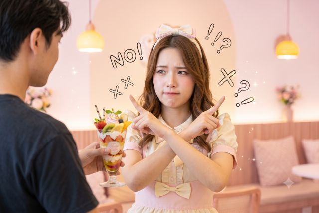 男性に向かってバツサインをする女性