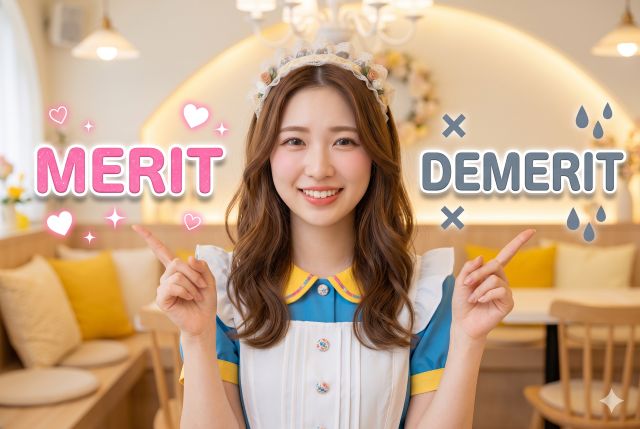 MERITとDEMERITと書かれた文字を指さす女性