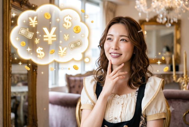 お金のマークを浮かべる女性