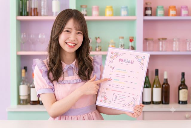 メニュー表を持つメイド服の女性