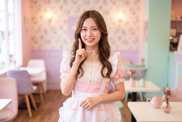 人差し指を立てるメイド服の女性