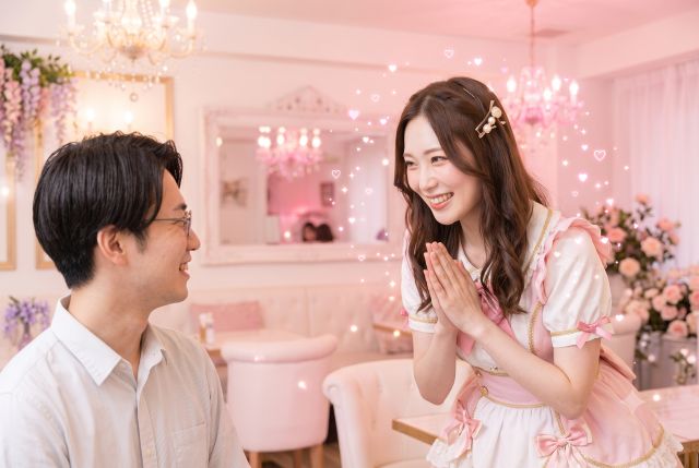 男性客に感謝を伝えるメイド服の女性