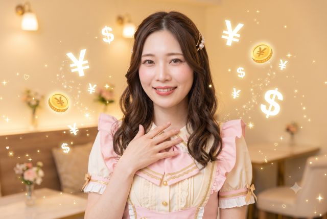 お金のマークを浮かべ胸に手を当てるメイド服の女性