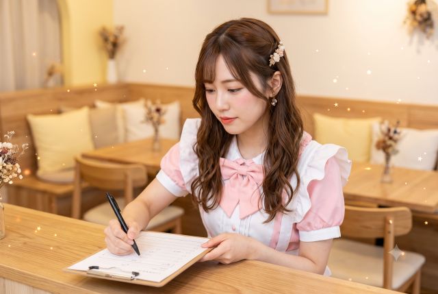 何かを書くメイド服の女性