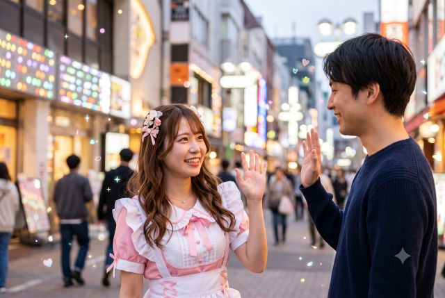 街中で手を振り合う男女