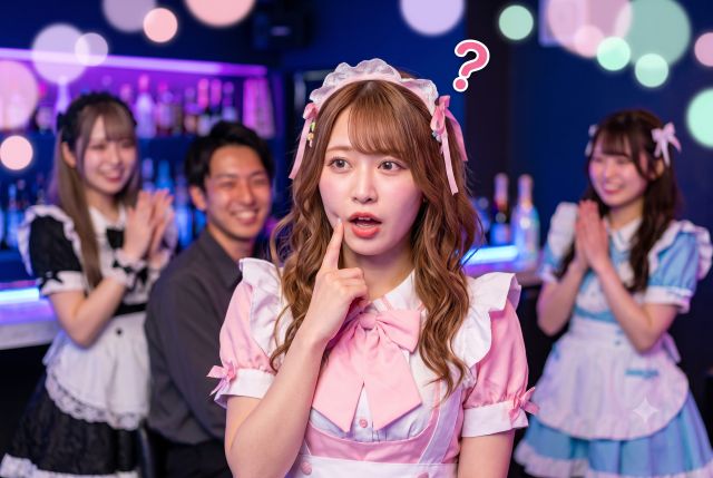 ハテナマークを浮かべるメイド服の女性と背後にいる女性2人と男性